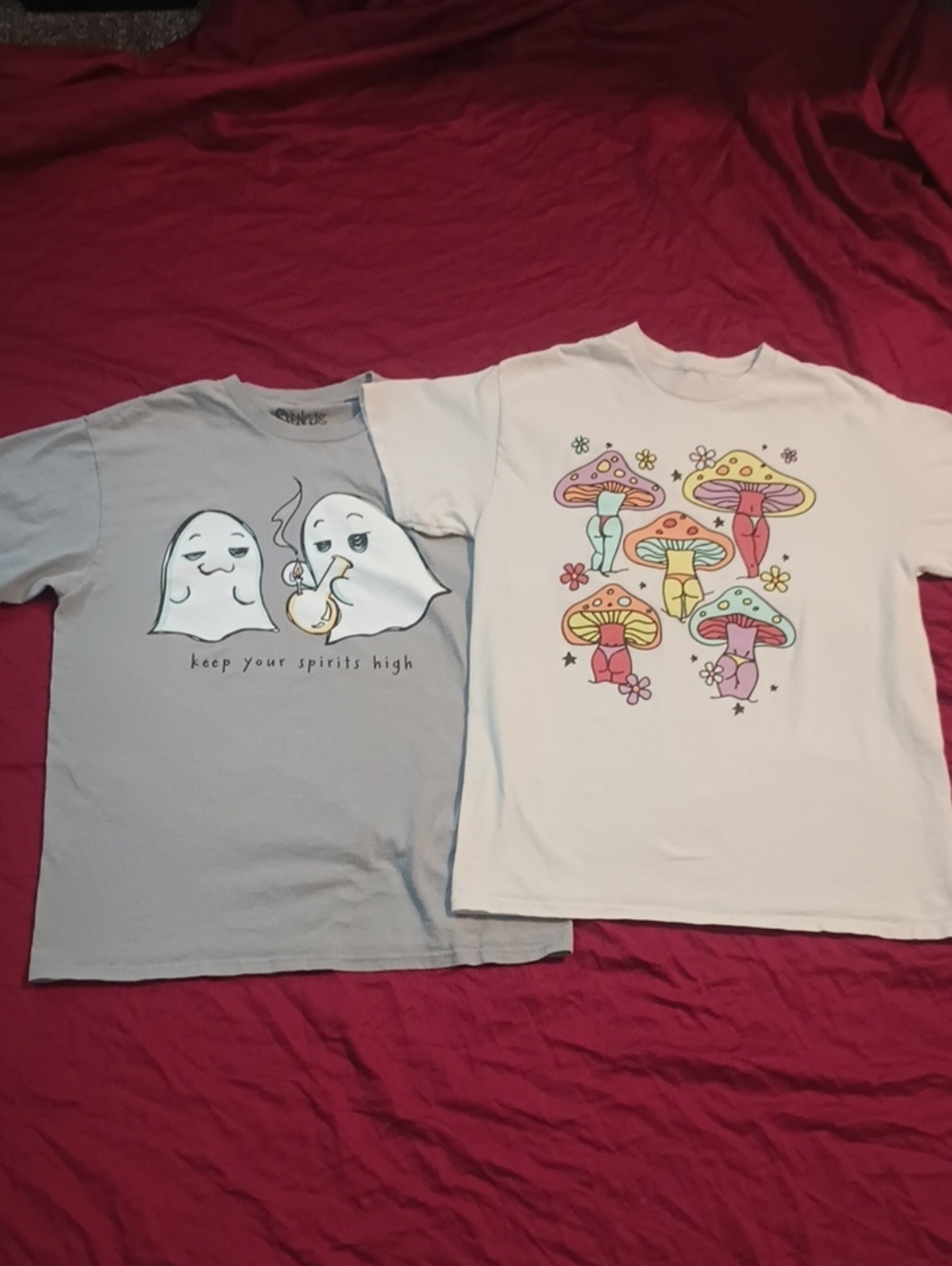 Keep Your Spirits High Ghost Graphic Tee And Mushroom Butt Tee Duo Size M Unique